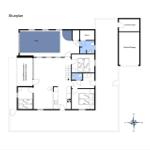 Stueplan zeigt Pool, Sauna, Garage und Schlafzimmer mit Betten.
