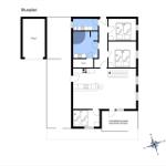 Stueplan zeigt Wohnraum, Sauna, zwei Schlafzimmer und überdachte Terrasse.