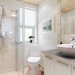 Bathroom with shower, toilet, and sink. Window with plant.
