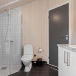 Badezimmer mit Dusche, Toilette und Waschtisch. Holzwände und dunkler Boden.