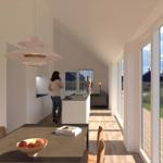 Moderne Küche mit Essbereich und Blick auf Terrasse und Garten.