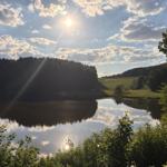 See mit Wald und Grünflächen unter blauem Himmel mit Sonne und Wolken.