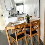 Essbereich mit Holztisch und Stühlen, Küche im Hintergrund, Wandbild an der Wand.