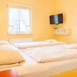 Ein Schlafzimmer mit einem Bett, einem Fenster, einer TV-Wand und einer Wanddekoration.