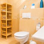 Bad mit Toilette, Waschbecken und Holzregal an der Wand.