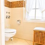 Badezimmer mit Toilette, Fenster und Holzbank mit Sitzkissen.