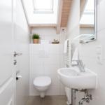 Badezimmer mit Toilette, Waschbecken und Dusche unter Dachschrägen.