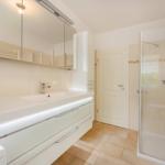 Badezimmer mit Dusche, Waschbecken und Spiegelschrank.