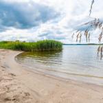 Strand mit Sand, Gras und Wasser unter bewölktem Himmel