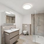 Badezimmer mit Dusche, Waschbecken und WC. Fliesen und Spiegel sichtbar.