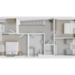 Zwei Schlafzimmer, Bad, Küche und Wohnbereich mit Treppe zur oberen Etage.
