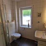 Badezimmer mit Dusche, Toilette und Waschbecken. Fenster mit Blumenvase.