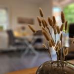 Trockenblumen in einem Glas auf einem Tisch. Im Hintergrund ist ein Wohnbereich mit Sitzmöbeln und Fenstern.