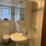 Badezimmer mit Waschbecken, Spiegel, Toilette und Fenster.