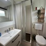 Badezimmer mit Dusche, Waschbecken und Toilette. Wandregal und Spiegel sichtbar.