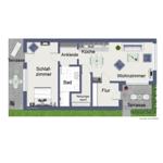 Wohnung mit Schlafzimmer, Bad, Küche und Wohnzimmer mit Terrassenzugang.