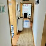 Flur mit Teppich, Tür zu Schlafzimmer und Küche, Wanddekoration und Hängelampe.