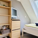 Schlafzimmer mit Bett, TV und Bücherregal unter Dachschrägen.