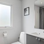Bathroom with toilet, sink, and shower. Window and mirror are present.