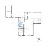 Apartment with three bedrooms, kitchen, and carport. Room layout with compass direction.