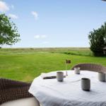 Rundtisch mit Tassen und dänischer Flagge auf Terrasse mit Blick auf Grasland und Bäume.