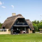 Dorfhaus mit Strohdach, Terrasse und Garten. Zwei Flaggenmasten mit roten Bändern.