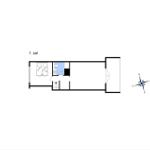 Erdgeschossplan mit Schlafzimmer, Bad und Treppe zur nächsten Etage.