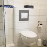 Hängendes WC mit Wandarmatur, Duschbereich und Toilettenpapierhalter.
