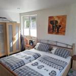 Schlafzimmer mit Doppelbett, Kleiderschrank und Fenster. Wandbild mit Elefanten.