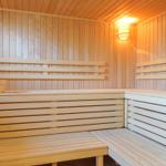 Holzsauna mit Sitzbänken und Eimer. Decke und Wände aus Holz.