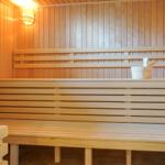 Sauna mit Holzbänken und Eimer mit Löffel.