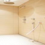 Dusche mit Dachduschkopf, Wandhalterungen und Bodenfliesen.
