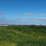 Grünes Grasland mit Blick auf den Strand und den Himmel.