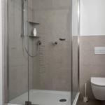 Dusche mit Glaswand, Toilette und Wandhalterung