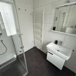 Badezimmer mit Dusche, Waschbecken und Heizkörper.