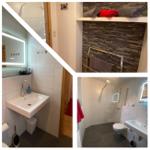 Badezimmer mit Dusche, Waschbecken und Toilette. Handtuchhalter und Badewanne sind vorhanden.
