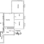 Wohnung mit Küche, Wohnzimmer, Schlafzimmer, Bad und Terrasse. Eingang Flur.