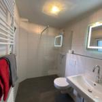 Badezimmer mit Dusche, Toilette und Waschbecken. Handtuchhalter und beleuchtetes Spiegel.
