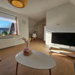 Wohnzimmer mit Fernseher, Couch und Tisch. Fenster mit Blick auf Dach. Holzboden.