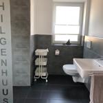 Badezimmer mit Toilette, Waschbecken und Dusche. Graue Fliesen und Fenster.