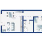 Wohnung mit Küche, Bad, Schlafzimmer und Essbereich. Flur mit Treppe.
