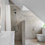 Badezimmer mit Dusche, WC und Waschtisch unter schrägen Dachbalken.