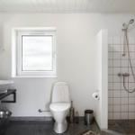Badezimmer mit Dusche, Toilette und Waschbecken. Fenster und Spiegel sichtbar.