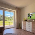 Wohnzimmer mit TV, Schiebetür und Blick auf Grünfläche