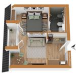 Ein Raum mit Schlaf- und Wohnbereich, Küche und Bad. Balkon mit Sitzgelegenheit.