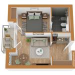 Ein Schlafzimmer, Wohnzimmer, Küche und Bad sind im Grundriss dargestellt.
