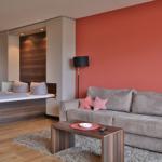 Ein Wohnbereich mit grauem Sofa, roter Wand und Holzboden. Im Hintergrund ist ein Bett sichtbar.