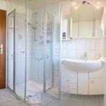 Bad mit Dusche, Waschbecken und Spiegelschrank