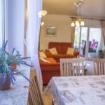 Essbereich mit Tischdecke und Pflanze. Im Hintergrund Wohnzimmer mit Sofa und Stühlen.