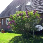 Haus Feldblick mit Lilienbaum und Schild vor rotem Backsteinhaus.